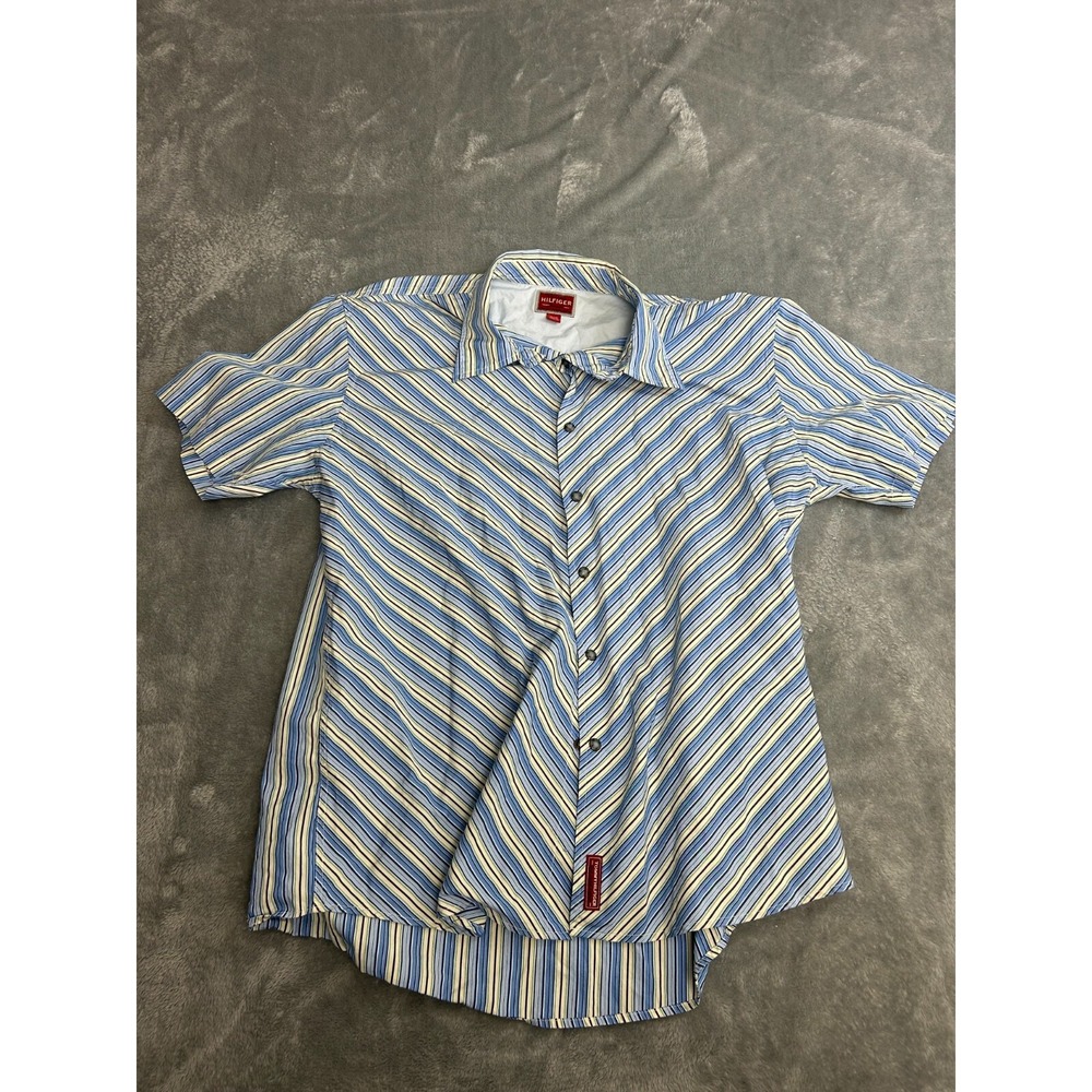 Hilfiger Red Label Denim Mens Shirt XL Blue Stripe Western Pearl Snap Premium